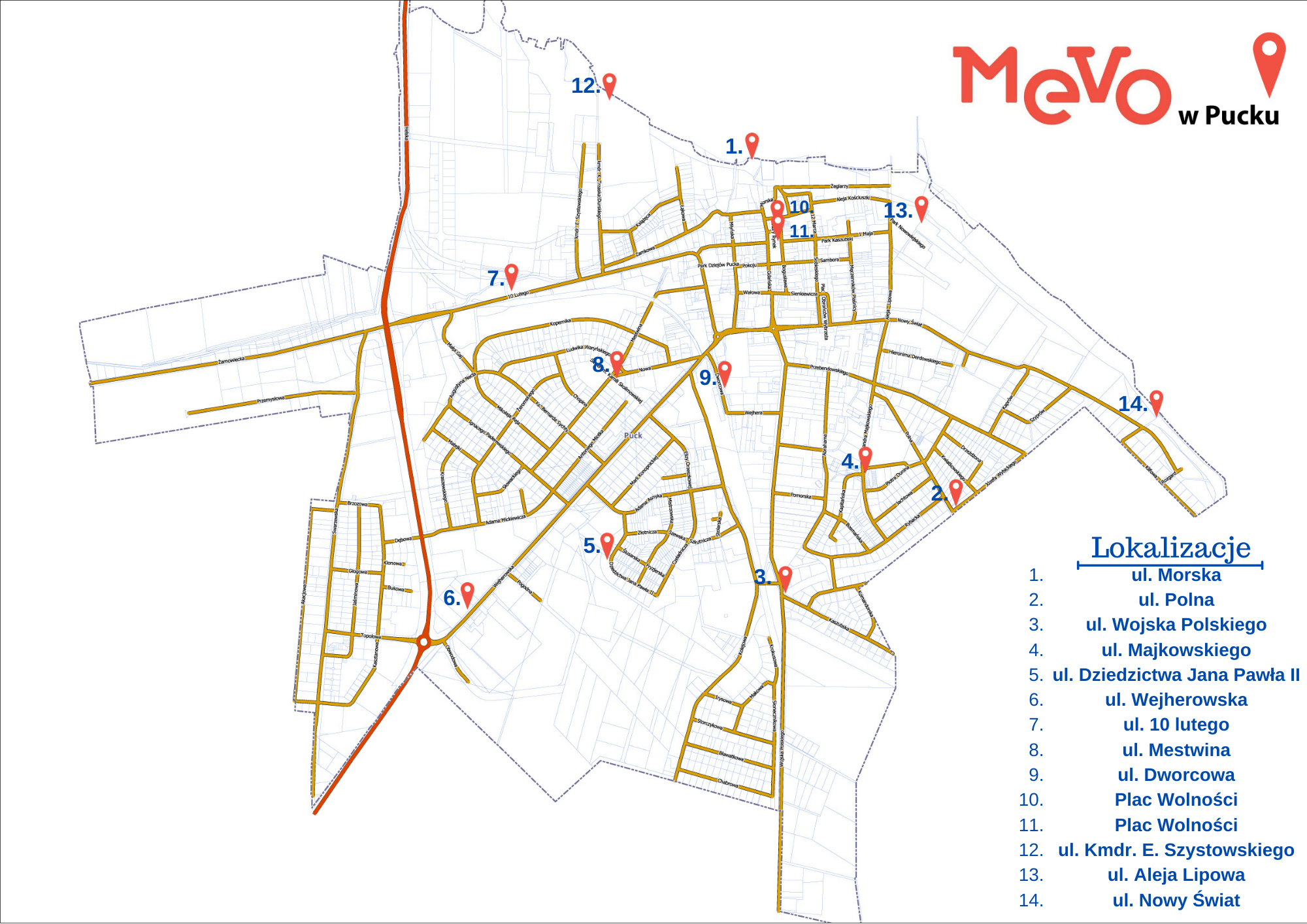 Mapa z lokalizacjami przystanków MEVO