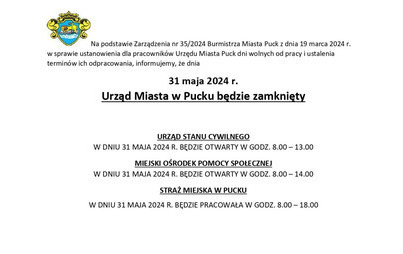 Zdjęcie do Zmiana organizacji pracy Urzędu Miasta w dniu 31.05
